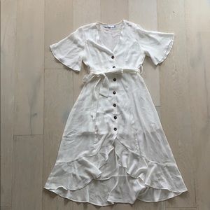 Lined White hi-lo Flutter Sleeve Dress